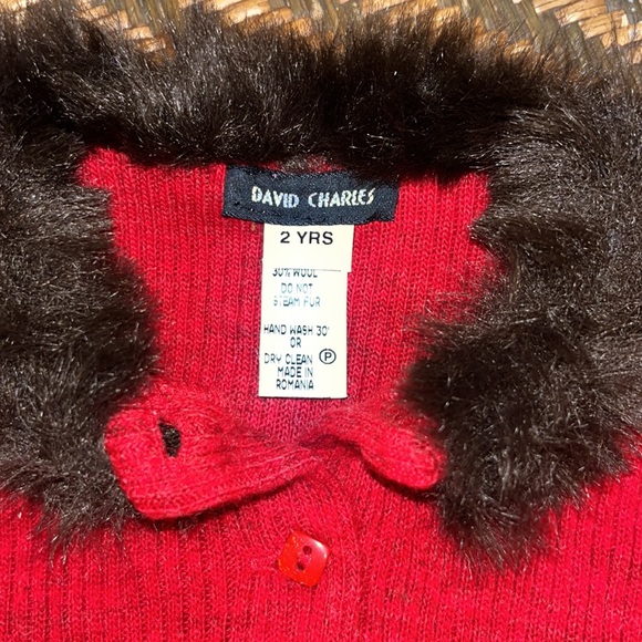 COUTURE DAVID CHARLES BABY 2T FAUX FUR TRIMMED RED CARDIGAN SWEATER - Picture 2 of 3